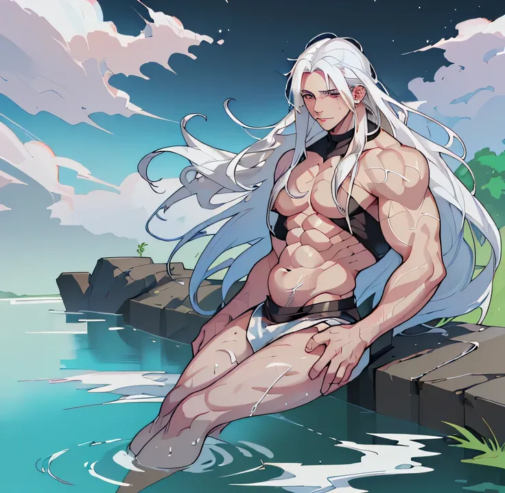 A pregnant man with long white hair and breasts bathing in a river 