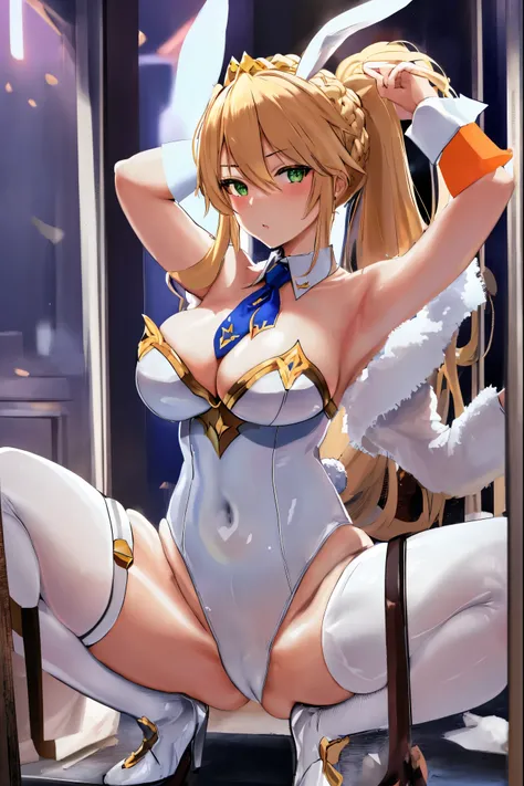 masterpiece, best quality, absurdres, looking at viewer, (light_smile:0.6),
1girl, ahoge, rabbit ears, playboy bunny, artoria pendragon (swimsuit ruler) (fate), large breasts , blonde hair, green eyes, french braid,  pony tail
bare shoulders, large breasts...