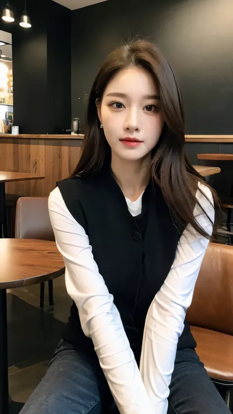 (actual, High resolution:1.2), 1 girl, The face shape and eyes are super delicate, long hair, Black tight vest with black jacket, Short jeans, sitting on coffee chair, in a cafe, coffee on the table, big breasts