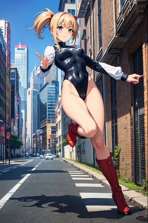 (((pixel-perfect, detail-perfect))), superhero, leotard, highleg leotard, bare legs, boots, full body shot, city backdrop, a high school girl transforms into a superhero by spinning fast in place like a tornado