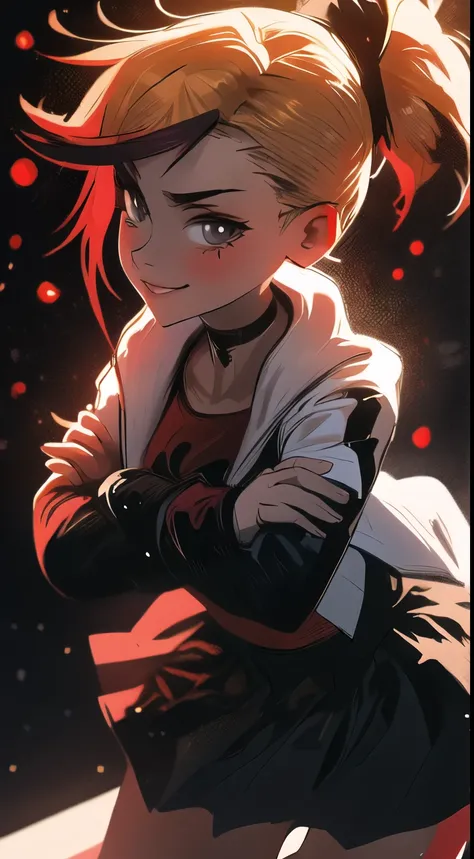 (best quality:1.2),solo,1girl,mdrin,smile,looking at viewer,crossed arms,ponytail,v-shaped eyebrows,white jacket,red shirt,fingerless gloves,black skirt,choker