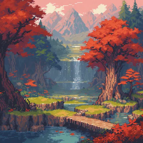 (masterpiece, best quality:1.2), pixel art,landspace，maple leaf forest