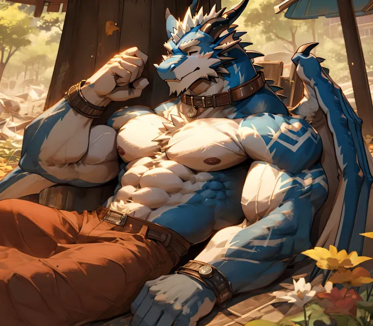 (masterpiece),(Yard background),(((Thunder Wolf Dragon))),(high quality),,((abdominal muscles)),(Very detailed),8K,,(Japanese style),(((convex))),((Napping under the tree)),((collar))