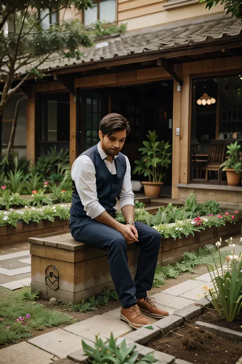 a man sitting the flower graden