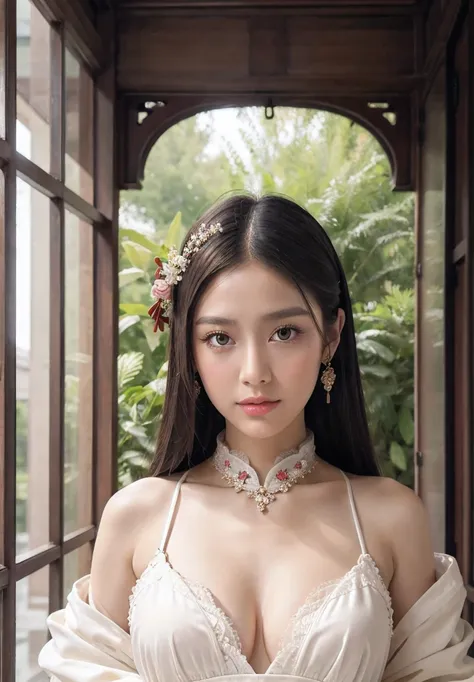 1girl, ((very transparent Hanfu qipao)), (elegant), ((focuss closeup face)), pretty young (Russian) (Asian) (masterpiece), top Chinese model, (aphrodite goddess), (beauty breast), very best quality detailed face:1.5, privium room, (8k HD graphic, (soft and...