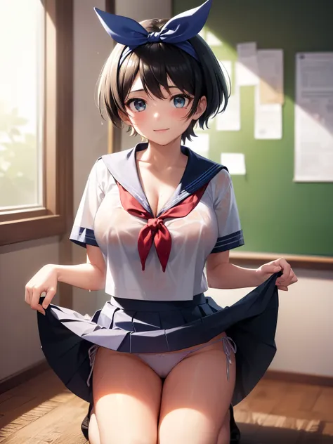 masterpiece, best quality, ((beautiful detailed eyes):1.3), (((16years old))), blue eyes, black hair, short hair, blue hair ribbon, blue headband,large boob, ((cleavage)), ((extremely delicate and beautiful fabric):1.3), looking at viewer, (seductive orgas...