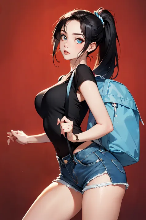 (masterpiece, best quality, hires, high resolution:1.2), (1girl, solo),(mature woman), (expressiv wide eyeballs), ( long and big eyes), (blue color irises), (18mm pupil),thick eyeleshes, eyeliner), (, (short jeans shorts), (ziped shorts), ( long black hair...