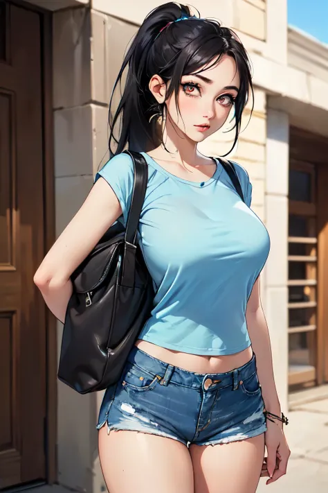 (masterpiece, best quality, hires, high resolution:1.2), (1girl, solo),(mature woman), (expressiv wide eyeballs), ( long and big eyes), (blue color irises), (18mm pupil),thick eyeleshes, eyeliner), (, (short jeans shorts), (ziped shorts), ( long black hair...