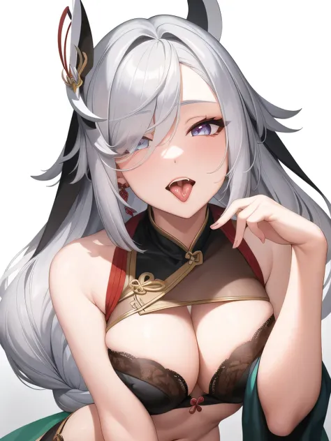 masterpiece, best quality, Shenhedef, 1girl, silver hair, silver eyes, black bra, tongue 