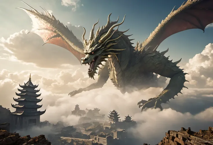 The Very Gigantic Three Heads Chinese Dragon is Flying above the cloud over the City of Ancient China, (best quality, patriarch),(Very subtle colors), , It is set in a post-apocalyptic wasteland with the ruins of a once great civilization. , perfect compos...