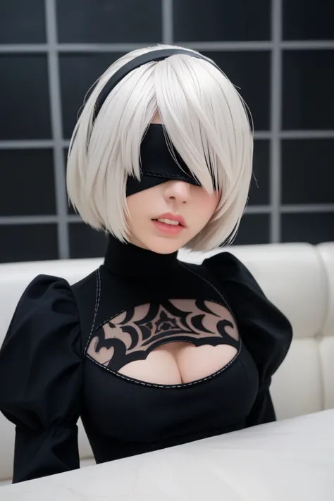 score_9, score_8_up, score_7_up, best quality, masterpiece,realistic, 
1girl, solo, blindfold, yorha no. 2 type b, black blindfold, upper body, puffy sleeves, dress, short hair, white hair, black dress, juliet sleeves, hairband, breasts, cleavage cutout, l...