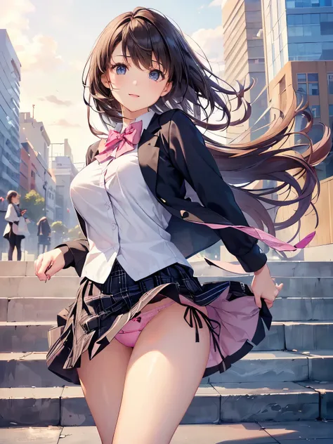 ((highest quality, High resolution, perfect pixel, 4k))), 1 woman, beautiful woman、I could see the whole body、walking down the subway stairs、lots of commuters、((smooth texture:0.75, realistic texture:0.65, realistic:1.1, Anime CG style)), large breast, dyn...