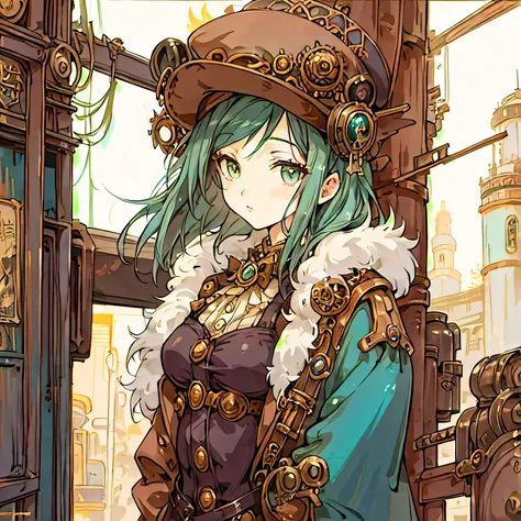 anime - style illustration of a woman in a hat and coat standing in front of a train station, fantasy art, steampunk beautiful anime woman, steampunk fantasy style, in steampunk cityscape, steampunk illustration, steampunk concept art, inspired victorian s...