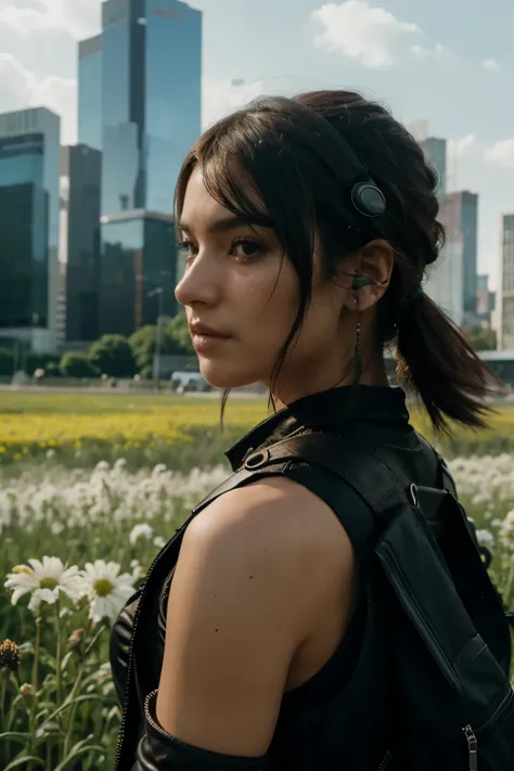 Create an ultra-realistic cyberpunk character in a field full of flowers, in which the character conveys innovation and excellence, make her look more intense and convey peace