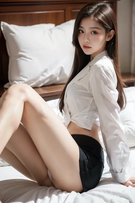 Young oriental woman，Short skirt of the suit，white shirt，Lift your ass，lying on bed，Showing underwear，On the legs