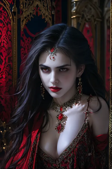 (beautiful detailed red eyes:1.4), long dark eyelashes, pointed fangs, flowing black hair, elegant posture, pale skin, red lips,...