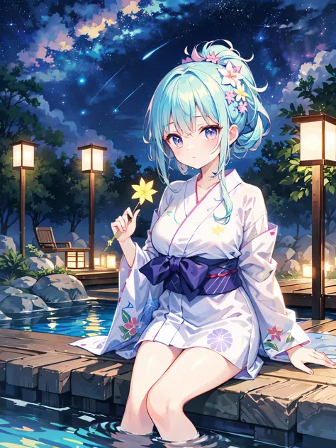 （masterpiece）、(highest quality)、((Super detailed))、(super delicate)、pastel colored hair、beautiful breasts、yukata、Hot spring at night、fantastic starry sky