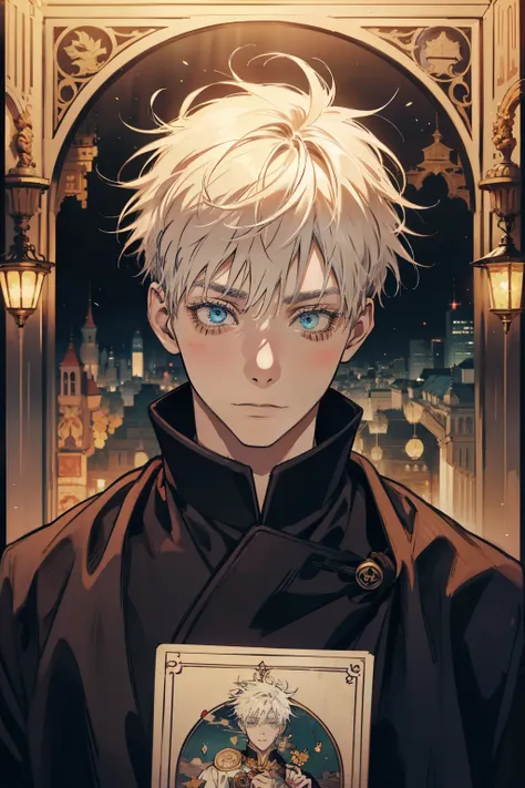 (absurdres, highres, ultra detailed), 1 male, Messy white hair, Aquamarine eyes, White lashes, Looking at the camera, Jujutsu Kaisen, Gojo Gojo, finely detailed eyes and detailed face, the fool tarot, bard, clown, Symbolism, Visual art, Occult, Universal, ...