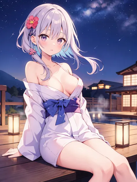 （masterpiece）、(highest quality)、((Super detailed))、(super delicate)、pastel colored hair、beautiful breasts、yukata、Hot spring at night、fantastic starry sky