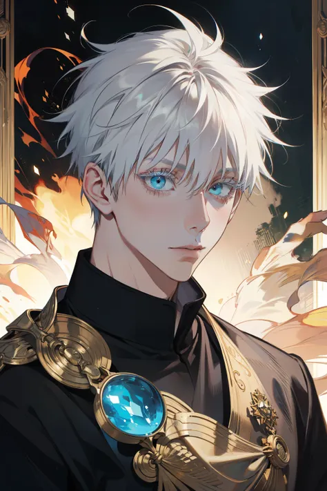 (absurdres, highres, ultra detailed), 1 male, messy white hair, aquamarine eyes, white lashes, looking at the camera, jujutsu ka...