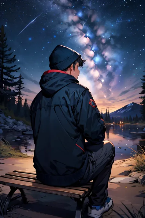 There is a 7-year-old boy sitting on a bench with a stuffed animal with his back turned. To his right there is a tree and the entire landscape is on a starry night. The boy is wearing an Obersay-style jacket with the hood up. 

