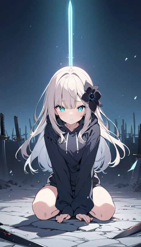 Masterpiece, saturate, full HD, best quality, 1girl, ( young girl, cute girl), slim body.medium breast, white  light hair.detailed beautiful eyes. Glowing eye. Bright aqua eyes, long hair, bangs, black flower hair ornament, black hoodie oversized, holding ...