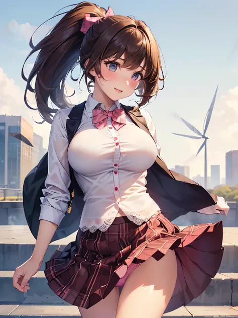 ((highest quality, High resolution, perfect pixel, 4k))), 1 woman, beautiful woman、I could see the whole body、walking down the subway stairs、lots of commuters、 ((ponytail, bangs, brown hair)), ((brown eyes, beautiful eyelashes, realistic eyes)), ((detailed...