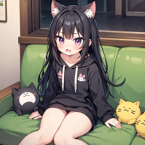 cute,blushing,flat chest,cat ear,kawaii,sulking,black hair,short,hoodie,thighs,small fang,sitting