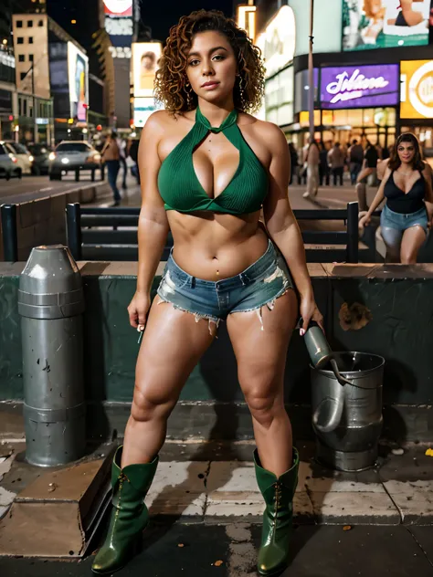 A curly haired Colombian mature woman dressed in booty jean shorts belly baring love green halter top and boots working a jackhammer in Times Square at night 