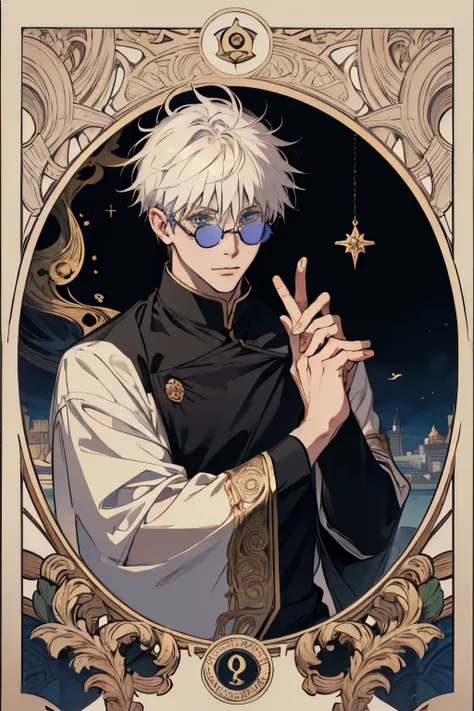 (absurdres, highres, ultra detailed), upper body, solo, male focus, 1boy, gojo satoru, grin, looking at viewer, sunglasses, round eyewear, , black jacket, high collar, the fool tarot, bard, clown, Symbolism, Visual art, Occult, Universal, Vision casting, P...