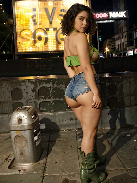 A curly haired Colombian mature woman dressed in booty jean shorts belly baring love green halter top and boots working a jackhammer in Times Square at night 