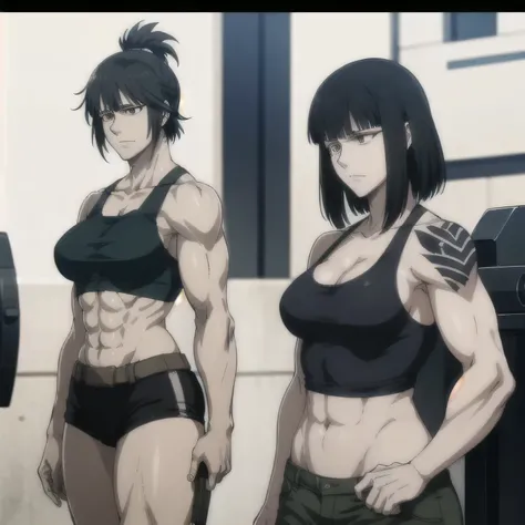 "muscular military, sculpted body, tattoo on girls shoulder",tank top,full review all body female character 