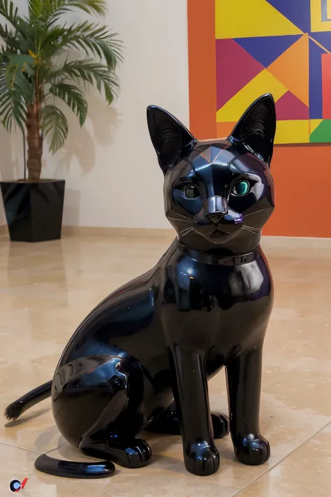 escultura comtemporanea de un gato diferente espectacular que la critica del arte lo adore moderno geometrico expuesto en una galeria de artecolro morado, formas geometricas espectaculares, comtemporaneo, colorees metalizados rojo, miami, pop art