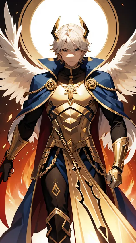 Make archangel Shubael (male), wearing a mask, and threatening looking, holding a scimitar, and is a commander of an Angelic Army
