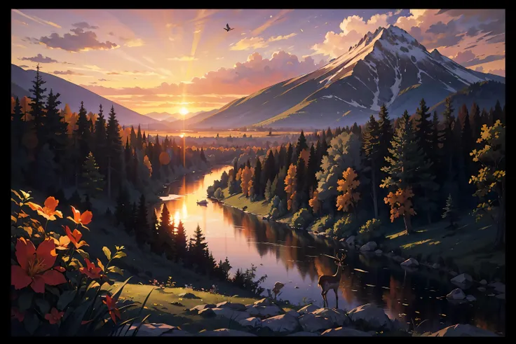 painting of a mountain scene with a river and a bird flying over it