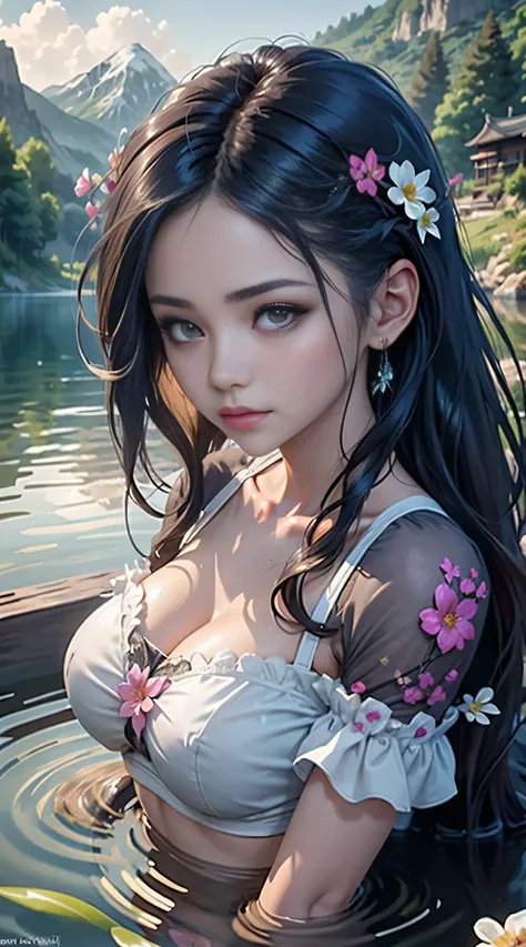 sfw, beauty with dark hair and flowers floating in water, hazel eyes, big eyes, translucent white saree, translucent bra, beautiful beauty, beautiful digital illustration, beautiful artwork illustration, beautiful digital artwork, beautiful gorgeous digita...