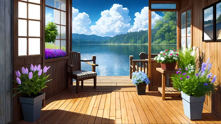 Masterpiece, best quality, clear focus, high quality, blue clear lake, blue sky and white clouds, very detailed CG unified 8k wallpaper, lots of flowers, large wooden window looking out, several small potted plants, small green plants, large windows full o...