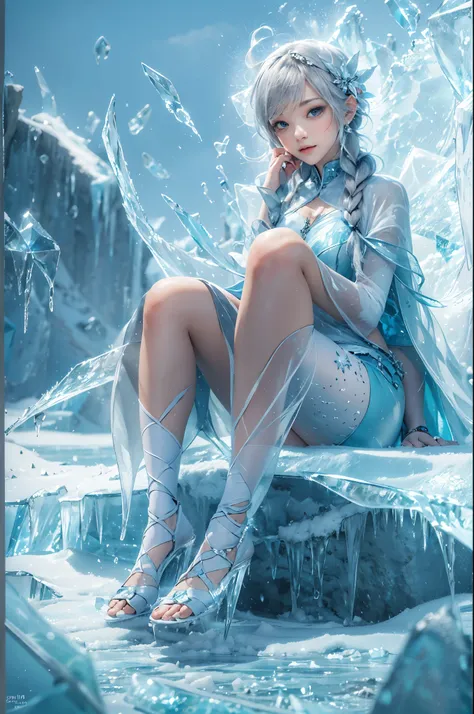 (((1 girl)))，dynamic poses，（skirt made of ice：1.5），ice crystals，frozen fluid，(((icicle)))，Ice mist，Ice particle effects，（Iceberg background：1.2），frozen rock，sitting on frozen rocks，，Amazing results，,best quality,masterpiece,ultra high resolution,detailed，8...