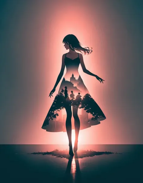 beautiful dancer&#39;s slender shadow on the ground，double exposure