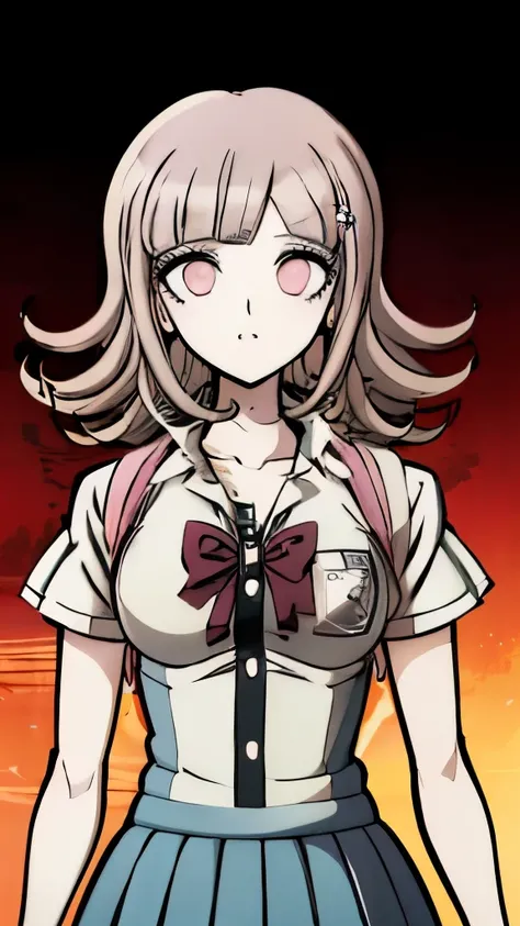 cartoon image of a girl wearing a pink shirt and blue skirt, Chiaki Nanami from Danganronpa, Betty Cooper, official art, official character art, Junko Enoshima from Danganronpa, yandere. high, Doki Doki Literary Club, blue the maco, Nagatoro, Marine Kitaga...