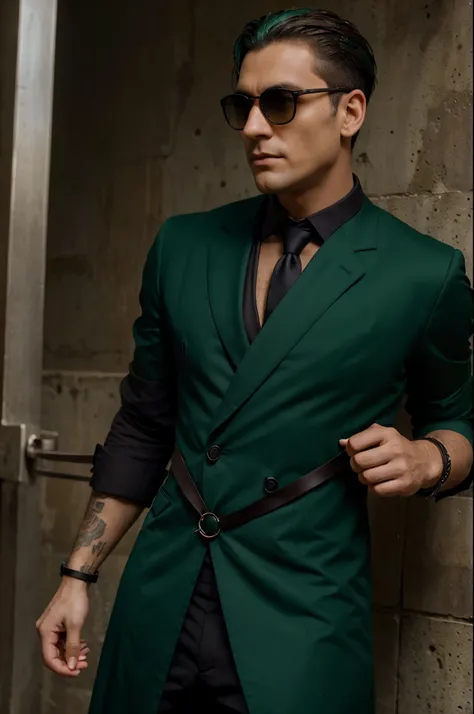 Hombre dominante vestido con un traje negro y corbata con un reloj, rich man master dyed green hair with shades of green and shaved in its natural dark brown brown color with a confident neutral look taking handcuffs looking at a woman who cannot be seen 
