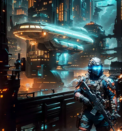 An warrior cyberpunk man holding his weapon in the foreground, in the background is a sci fi city and spaceport with a spaceship arriving and lot of buildings lights on and  glowing smoke around