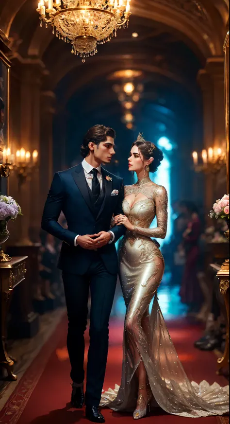 At the charity event, recreated in the style of photorealism, the hall is filled with a high society glamorous atmosphere. Elegant ladies in sumptuous outfits with plumes and diamonds glitter against the backdrop of an exquisite interior filled with flower...