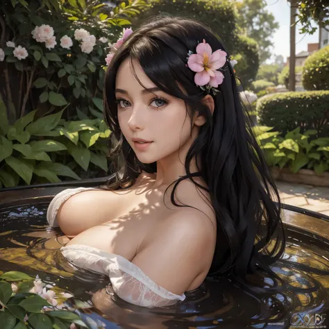 A girl in a garden,beautiful detailed eyes, beautiful detailed lips,extremely detailed eyes and face,long eyelashes,multiple flowers in her hair,flowing black hair,captivating smile,confident and elegant posture. Oil painting,ultra-detailed,high-res,realis...