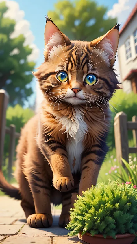 A small, brown cat with a playful and funny expression graces this whimsical scene. Its fluffy fur, resembling a fluffy cloud, is gently ruffled by a soft breeze, adding to its adorable appearance as it curiously explores the peculiar and enchanting world ...