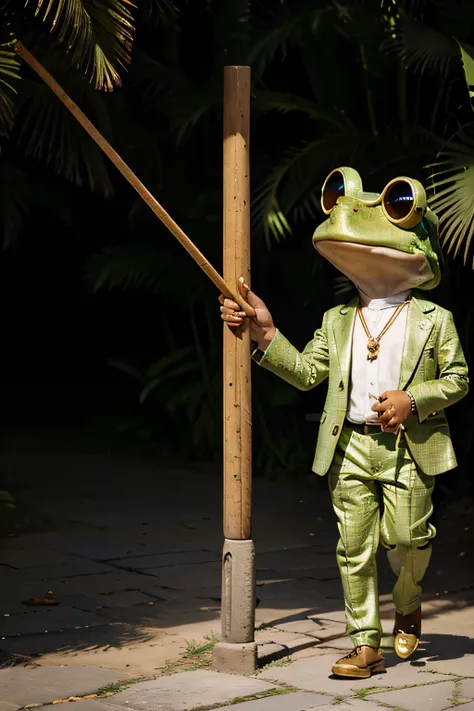 a frog with human characteristics he is blind and uses a stick as a cane to guide himself and wears sunglasses, he wears expensive designer clothes and gold jewelry funny cartoon