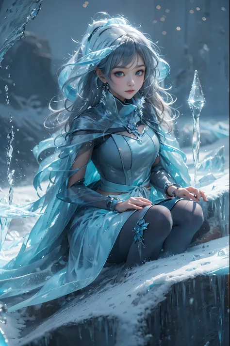 (((1 girl)))，dynamic poses，（skirt made of ice：1.5），ice crystals，frozen fluid，(((icicle)))，Ice mist，Ice particle effects，（Iceberg background：1.2），frozen rock，sitting on frozen rocks，，Amazing results，,best quality,masterpiece,ultra high resolution,detailed，8...