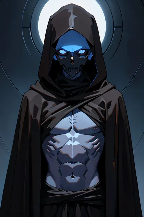 Tall dark hooded figure, face covered in darkness, brown hood, skinny, bony, scrawny, no face, no shirt, deathly pale blue skin, male, non athletic build, weak