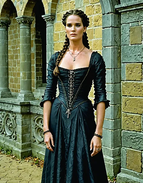 dark Fantasia, middle-aged brunette woman with a braid over her shoulder, lembrando Brooke Shields e Jennifer Lawrence, Medieval aesthetics, Fantasia, Doutor, vestido ombro a ombro em camadas