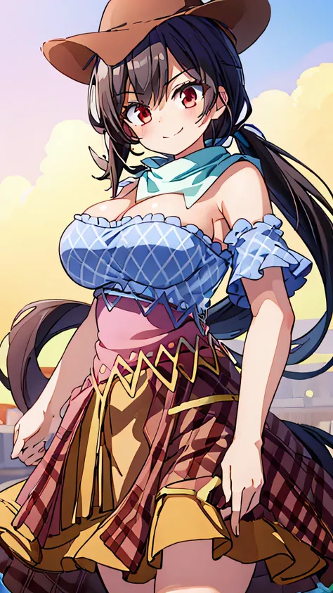 1 girl,cowboy ，((big breasts)) ，smile,high quality,figure，have,black hair,long hair,ponytail,red eyes,bandana, white scarf,colorful clothes,bare shoulders,short sleeve,blue shirt,wing,colorful dresses, brown skirt,plaid skirt,overskirt,horse tail,Remains